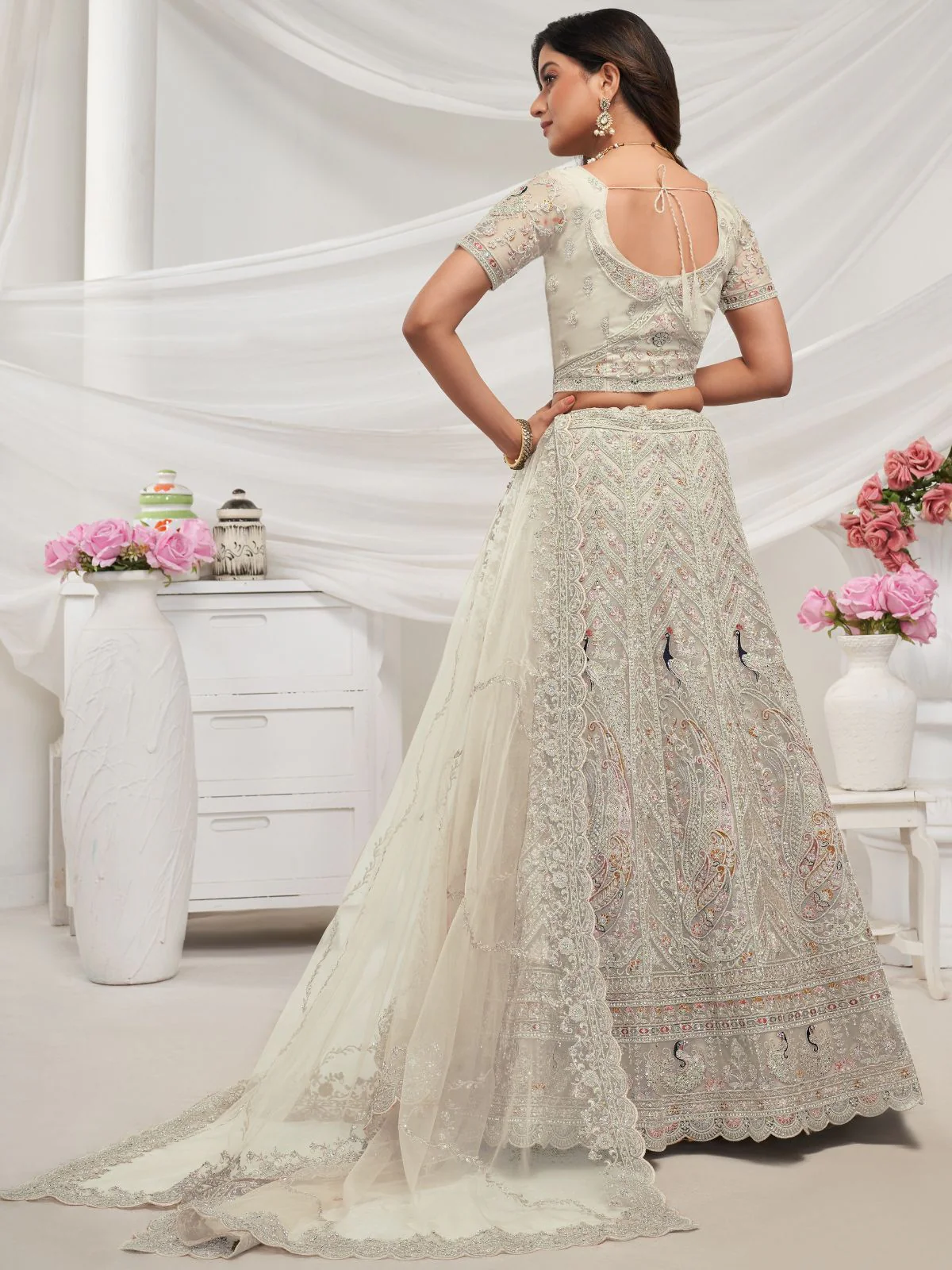 Odette White Soft Net Embroidered Semi Stitched Lehenga With Unstitched Blouse For Women - Image 5