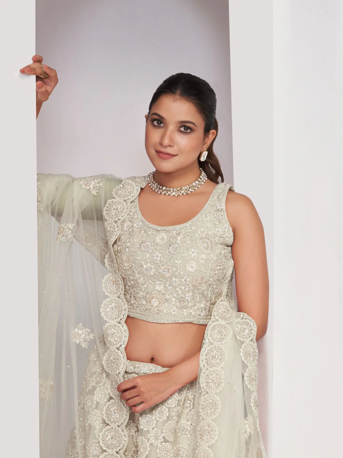 Odette White Soft Net Embroidered Semi Stitched Lehenga With Unstitched Blouse For Women - Image 3