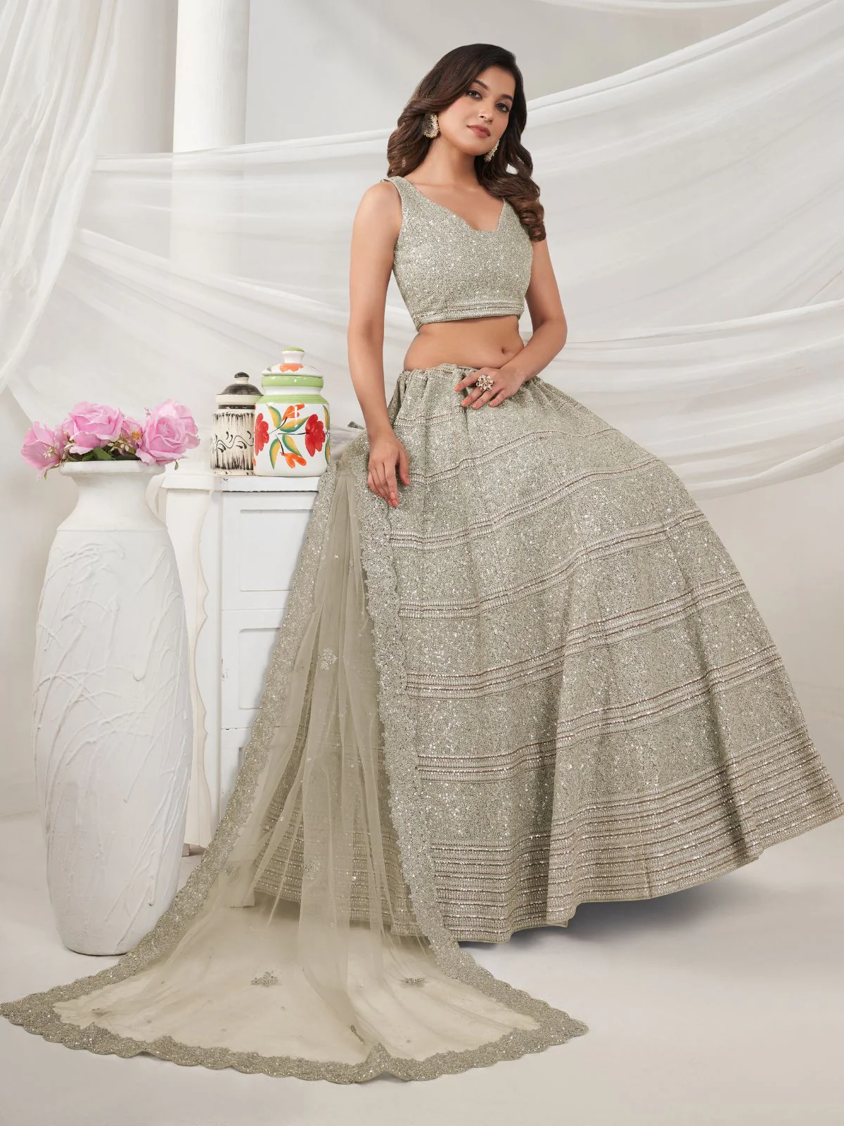 Odette White Soft Net Embroidered Semi Stitched Lehenga With Unstitched Blouse For Women - Image 2