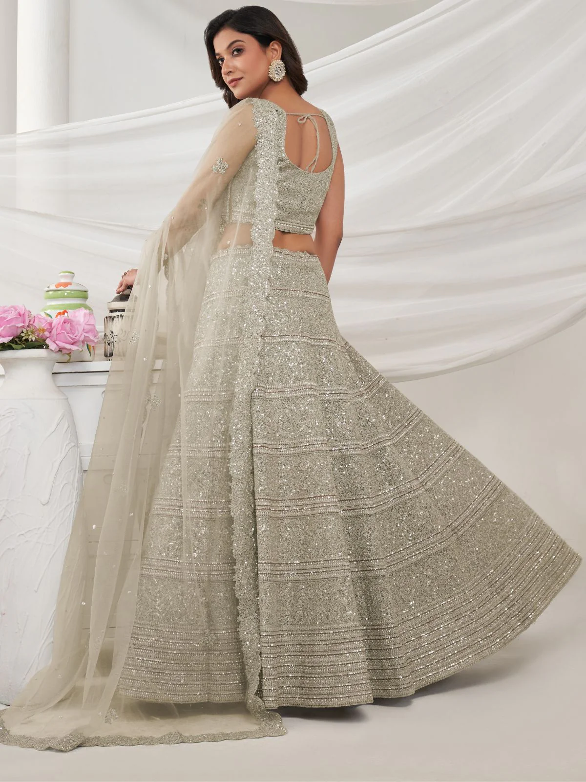 Odette White Soft Net Embroidered Semi Stitched Lehenga With Unstitched Blouse For Women - Image 5