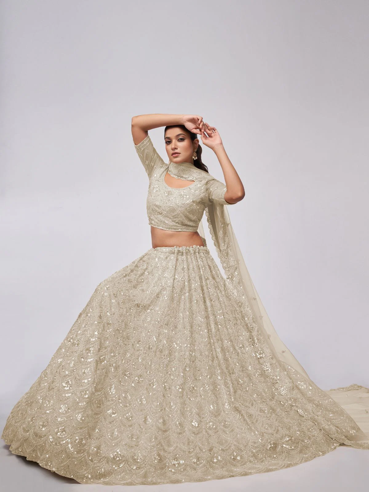Odette White Soft Net Embroidered Semi Stitched Lehenga With Unstitched Blouse For Women - Image 2