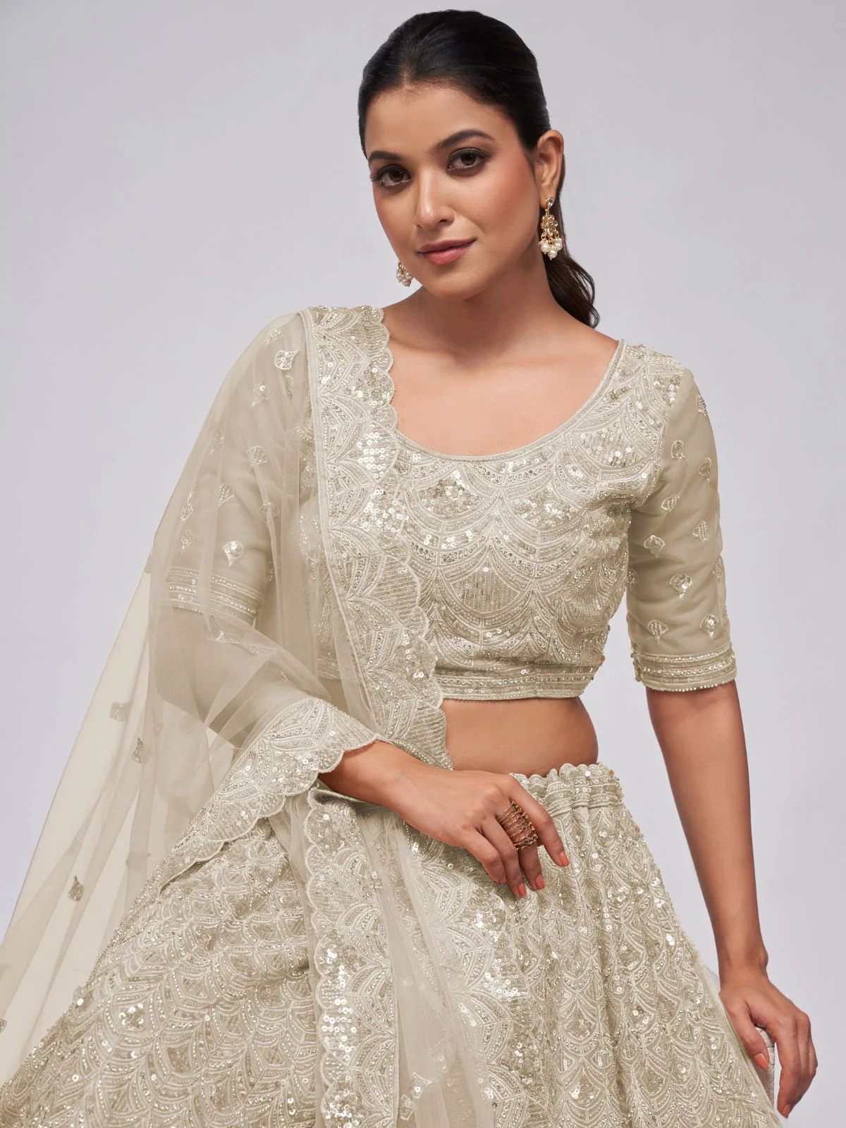 Odette White Soft Net Embroidered Semi Stitched Lehenga With Unstitched Blouse For Women - Image 4