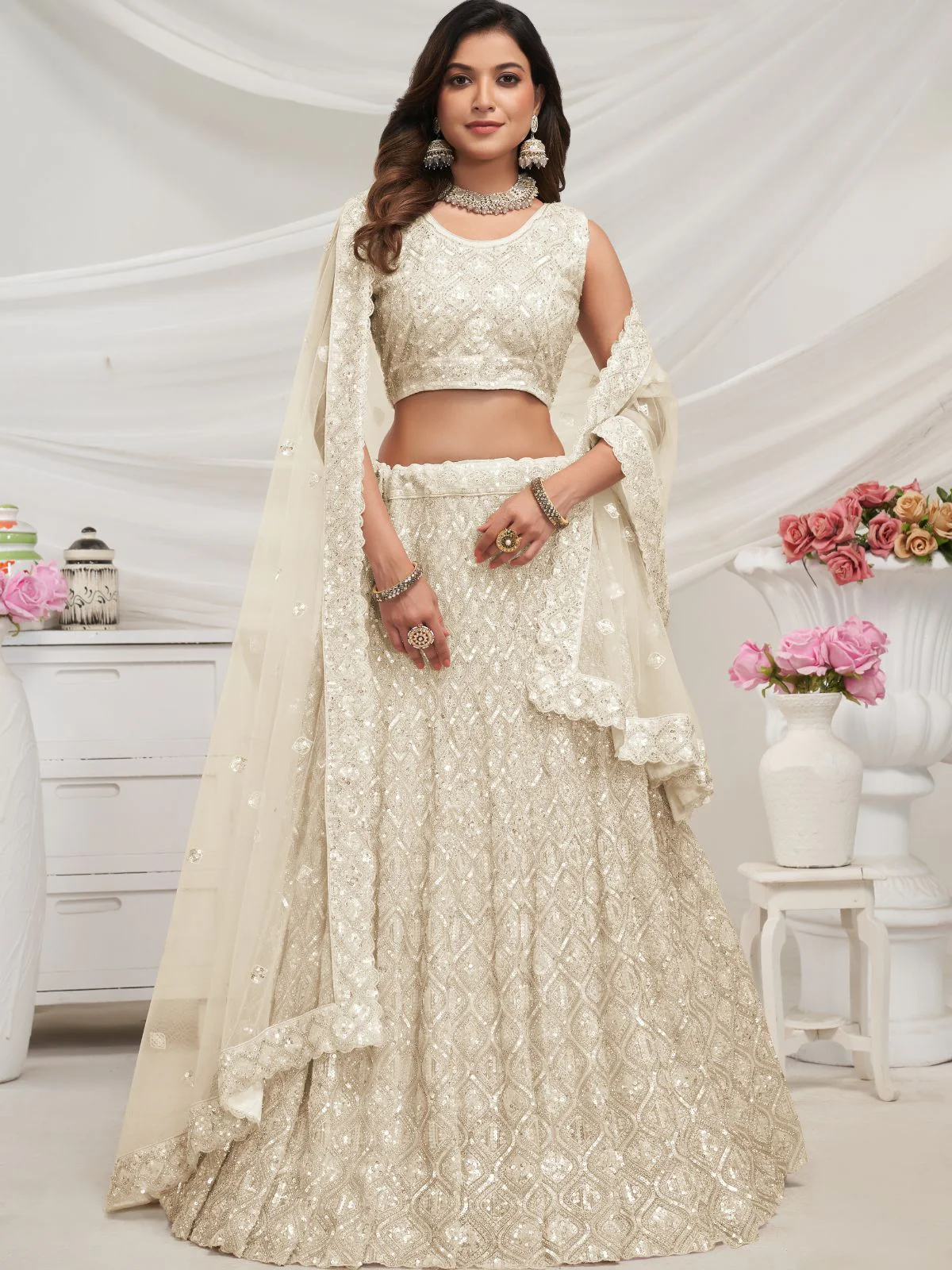 Odette White Soft Net Embroidered Semi Stitched Lehenga With Unstitched Blouse For Women - Image 2