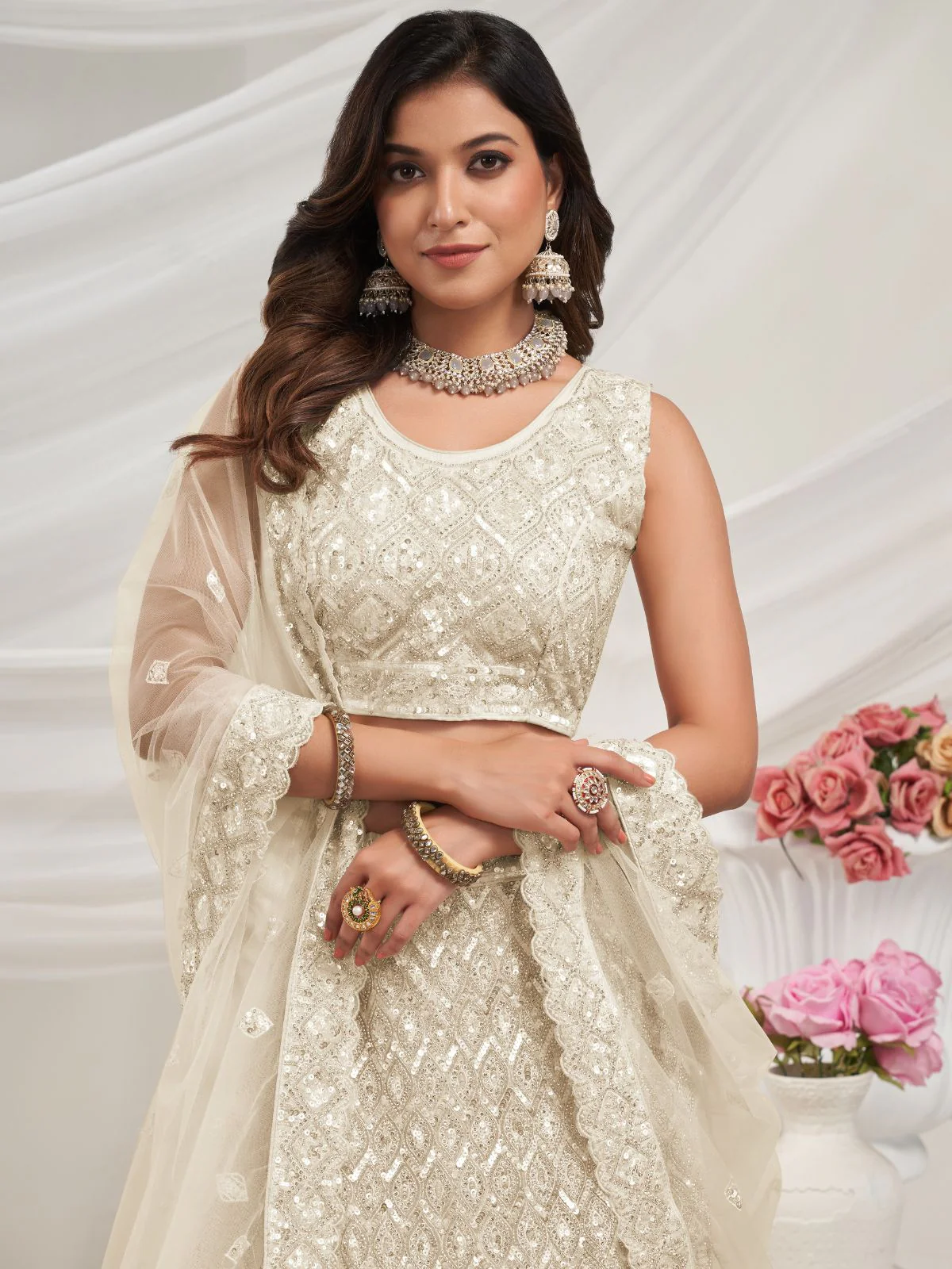 Odette White Soft Net Embroidered Semi Stitched Lehenga With Unstitched Blouse For Women - Image 4