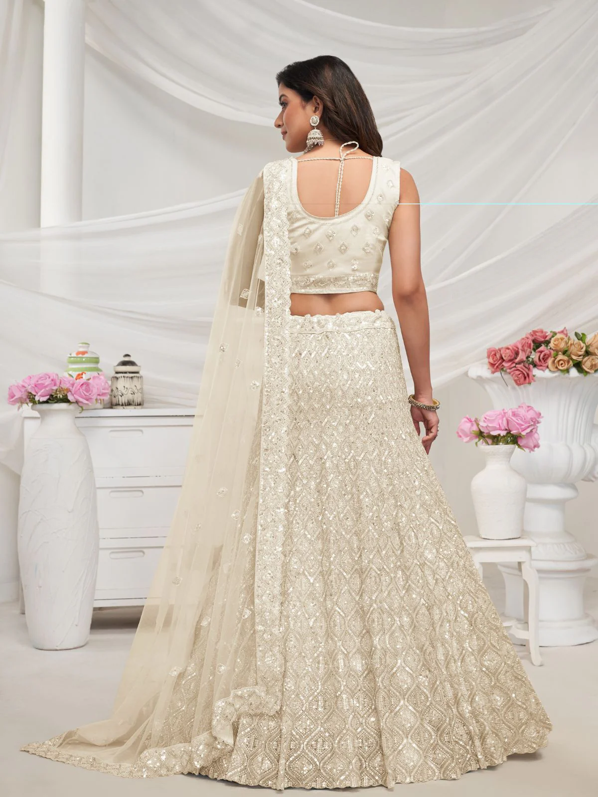 Odette White Soft Net Embroidered Semi Stitched Lehenga With Unstitched Blouse For Women - Image 5