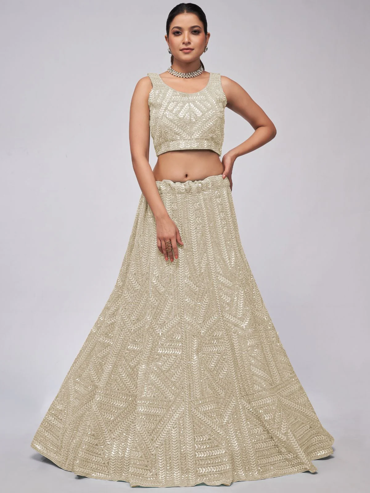 Odette White Soft Net Embroidered Semi Stitched Lehenga With Unstitched Blouse For Women - Image 2