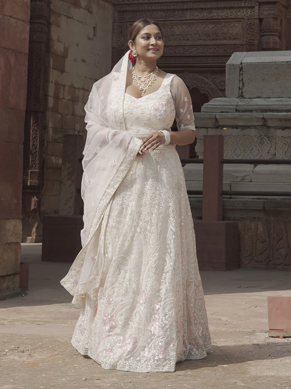 Odette White Soft Net Embroidered Semi Stitched Lehenga With Unstitched Blouse For Women - Image 3