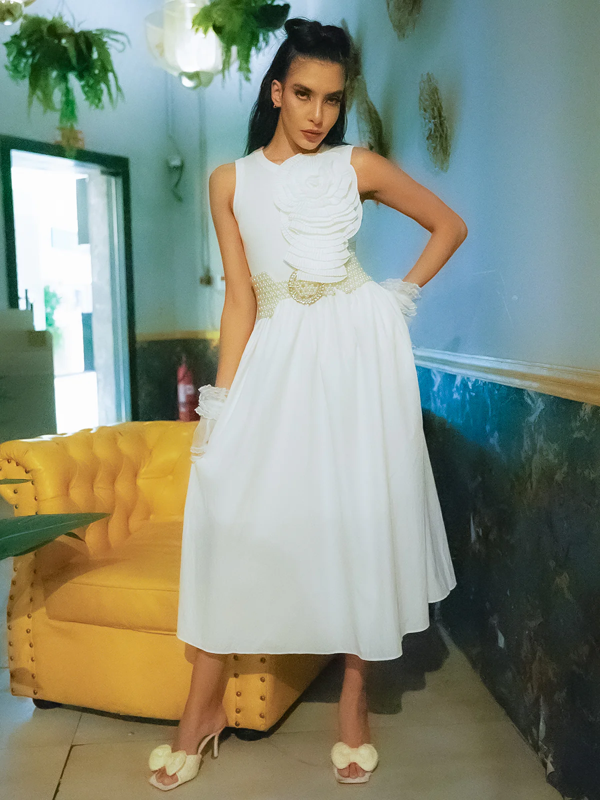 Odette White Rib and Cotton Solid Western Dress For Women