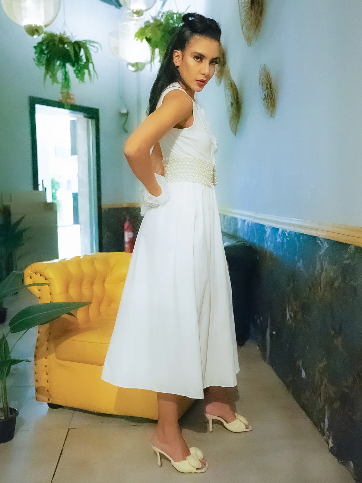 Odette White Rib and Cotton Solid Western Dress For Women - Image 5