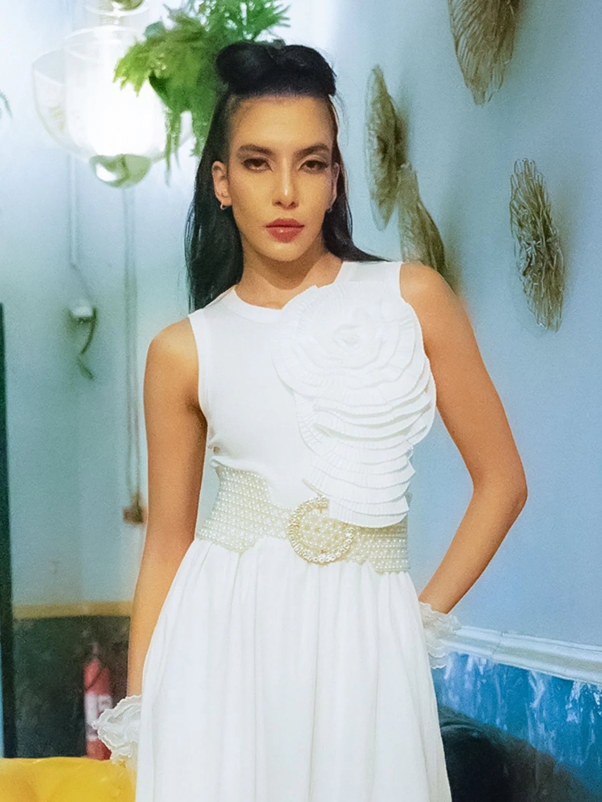 Odette White Rib and Cotton Solid Western Dress For Women - Image 7