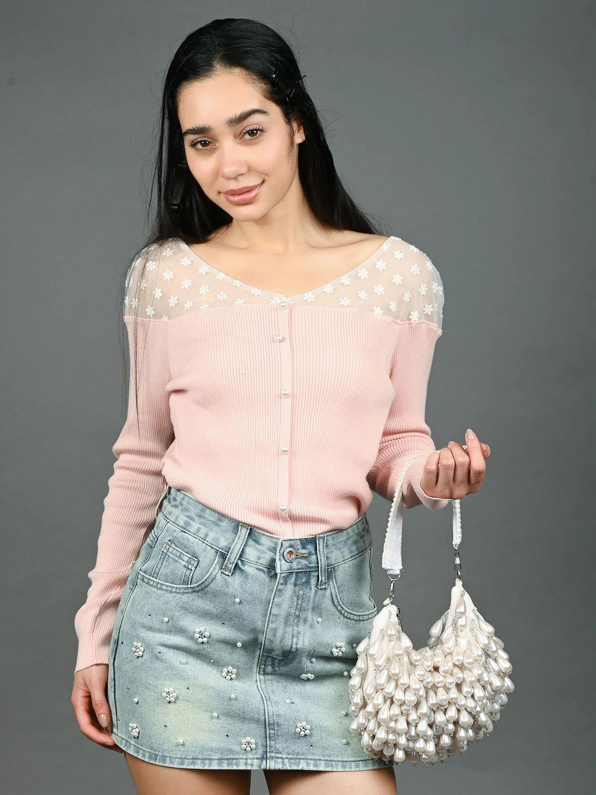 Odette White Suede Embellished Hand Bag For Women