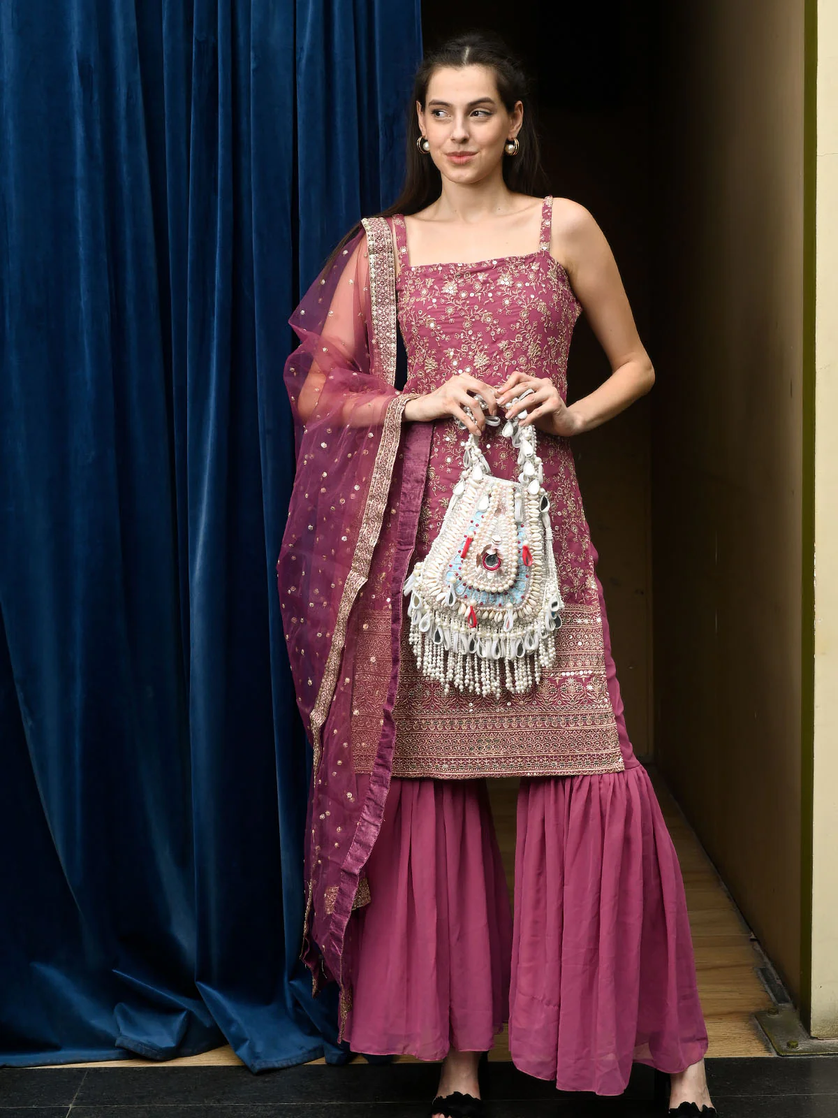 Odette White Suede Embellished Potli For Women - Image 2