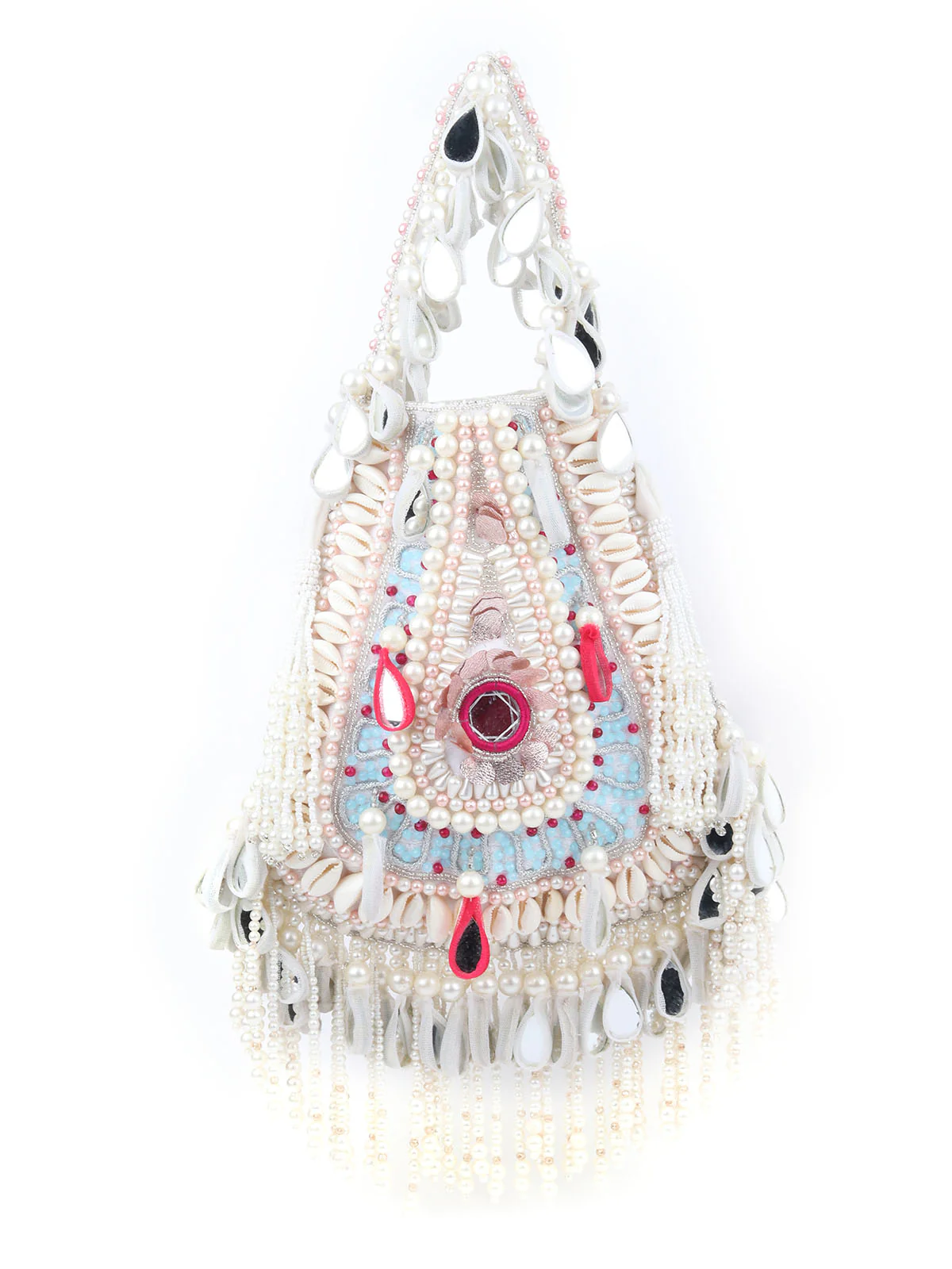 Odette White Suede Embellished Potli For Women - Image 5