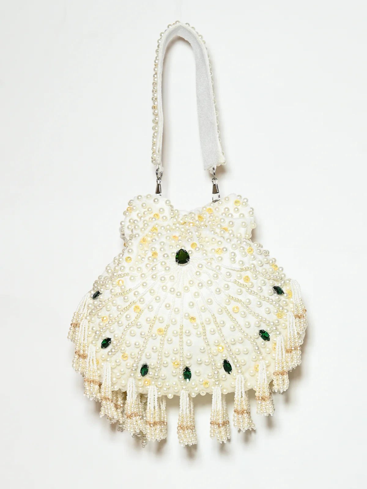 Odette White Suede Pearl Embellished Potli For Women - Image 2