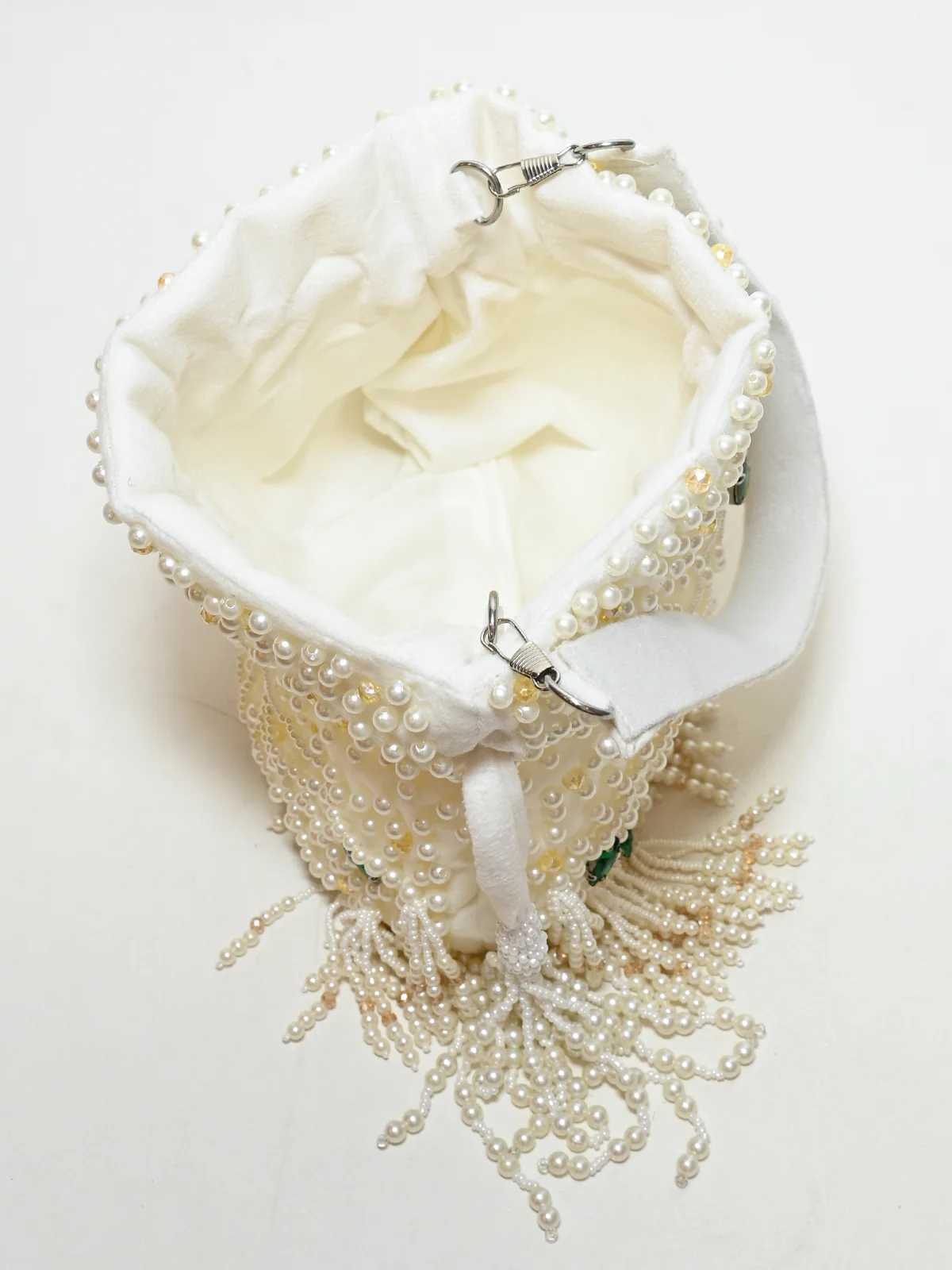 Odette White Suede Pearl Embellished Potli For Women - Image 5