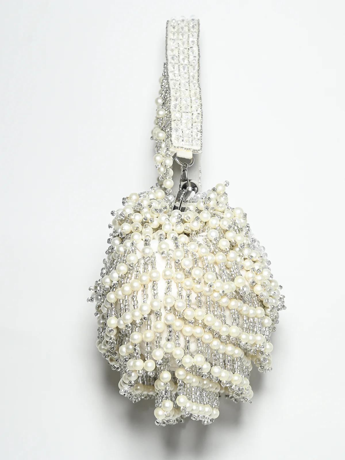 Odette White Suede Stone And Pearl Embellished Potli For Women - Image 3