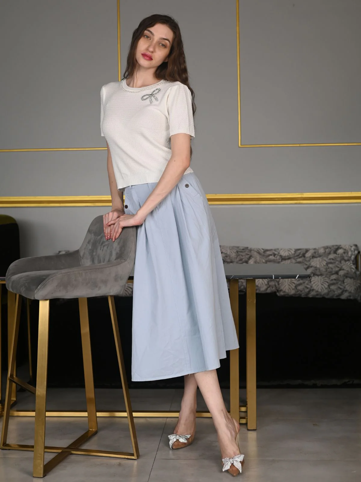 Odette White Textured Rib Embellished T-Shirt For Women - Image 2