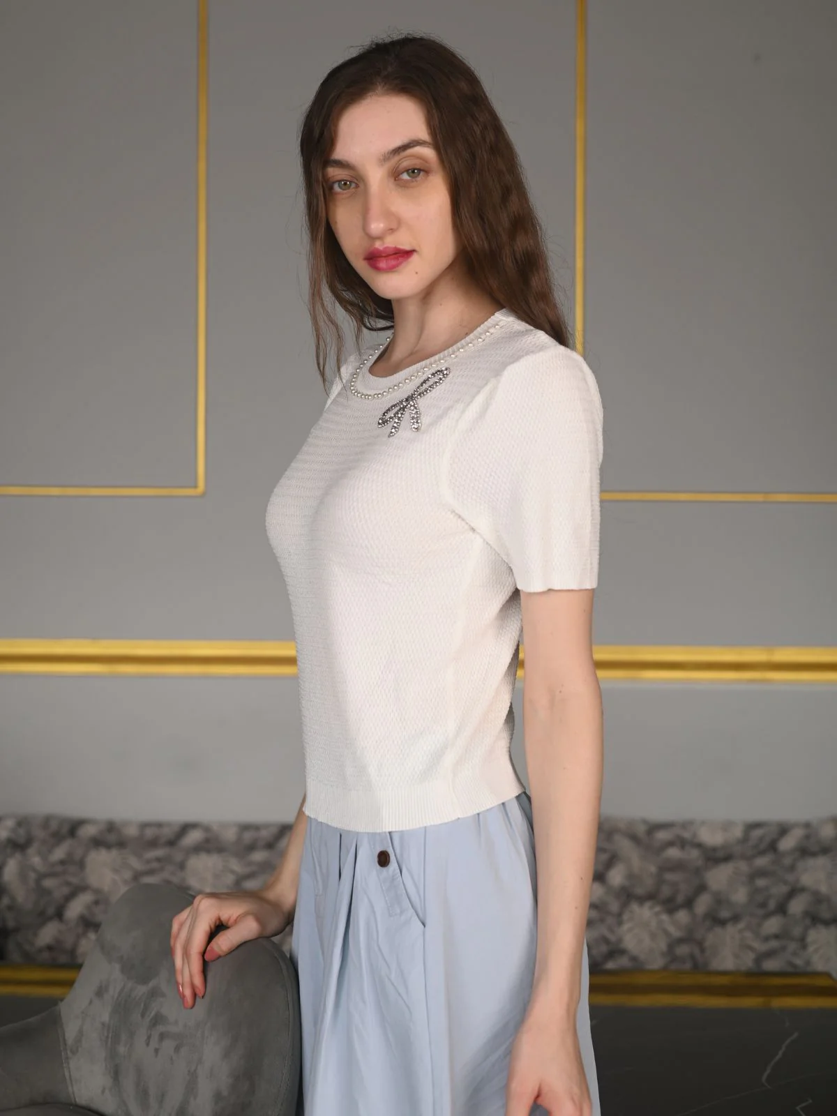 Odette White Textured Rib Embellished T-Shirt For Women - Image 3