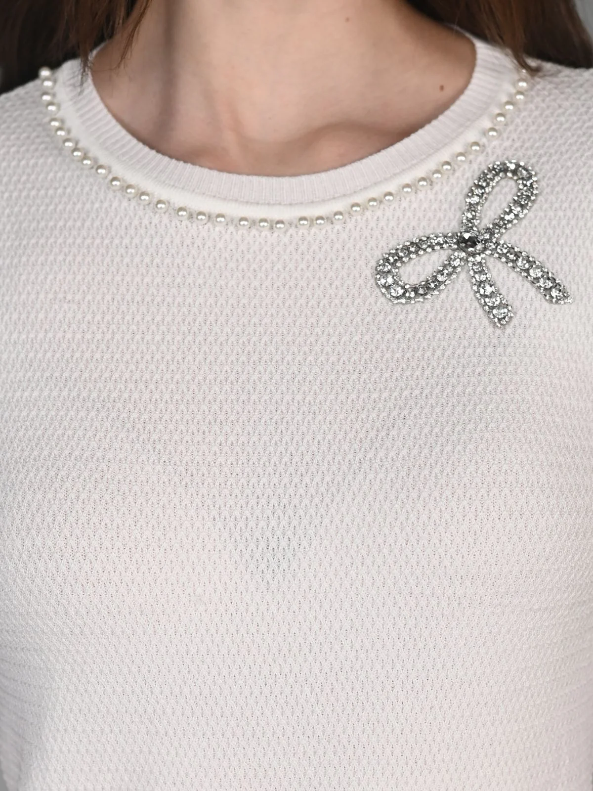 Odette White Textured Rib Embellished T-Shirt For Women - Image 5
