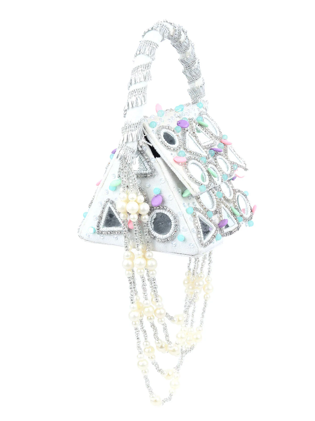 Odette White Velvet Embellished Hand Bag For Women - Image 2