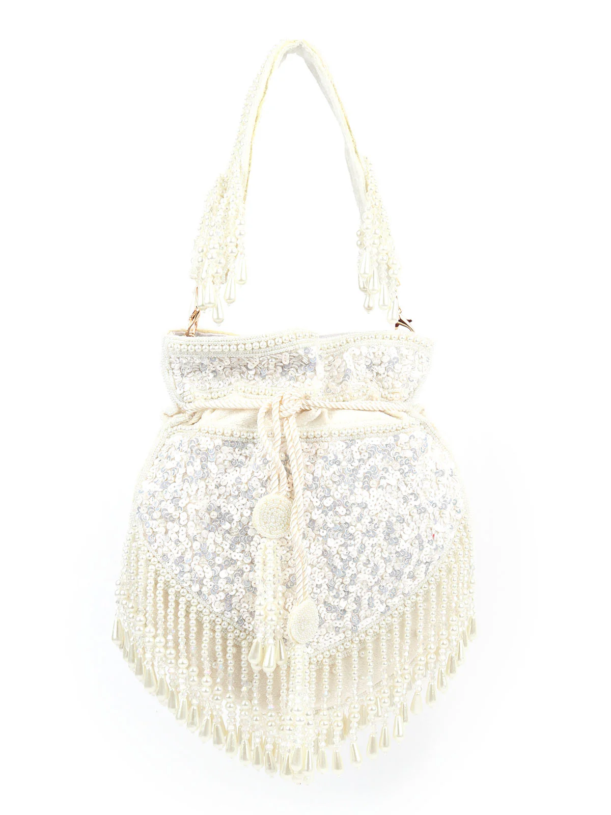 Odette White Velvet Embellished Potli For Women - Image 4