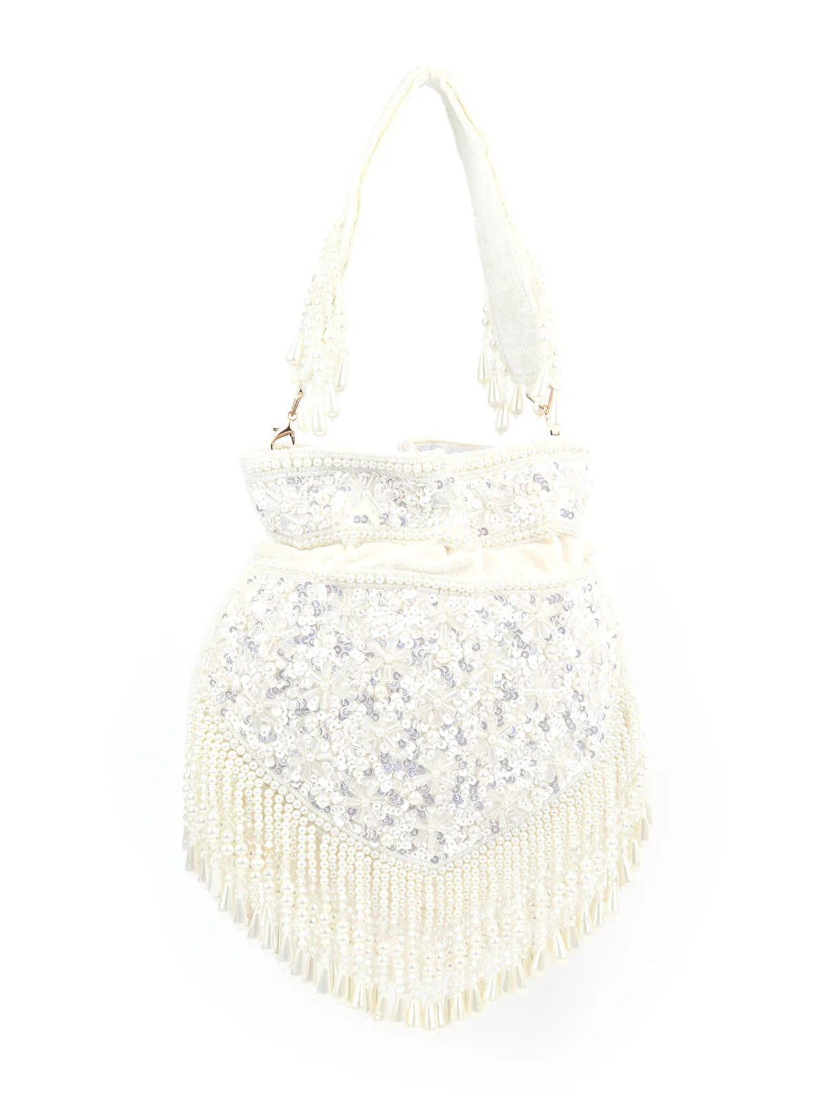 Odette White Velvet Embellished Potli For Women - Image 6