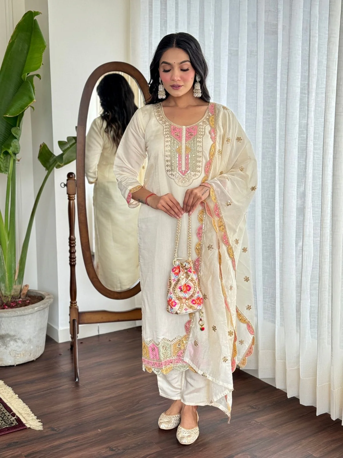 Odette White Viscose chanderi Embroidered Stitched Kurta Set For Women - Image 2