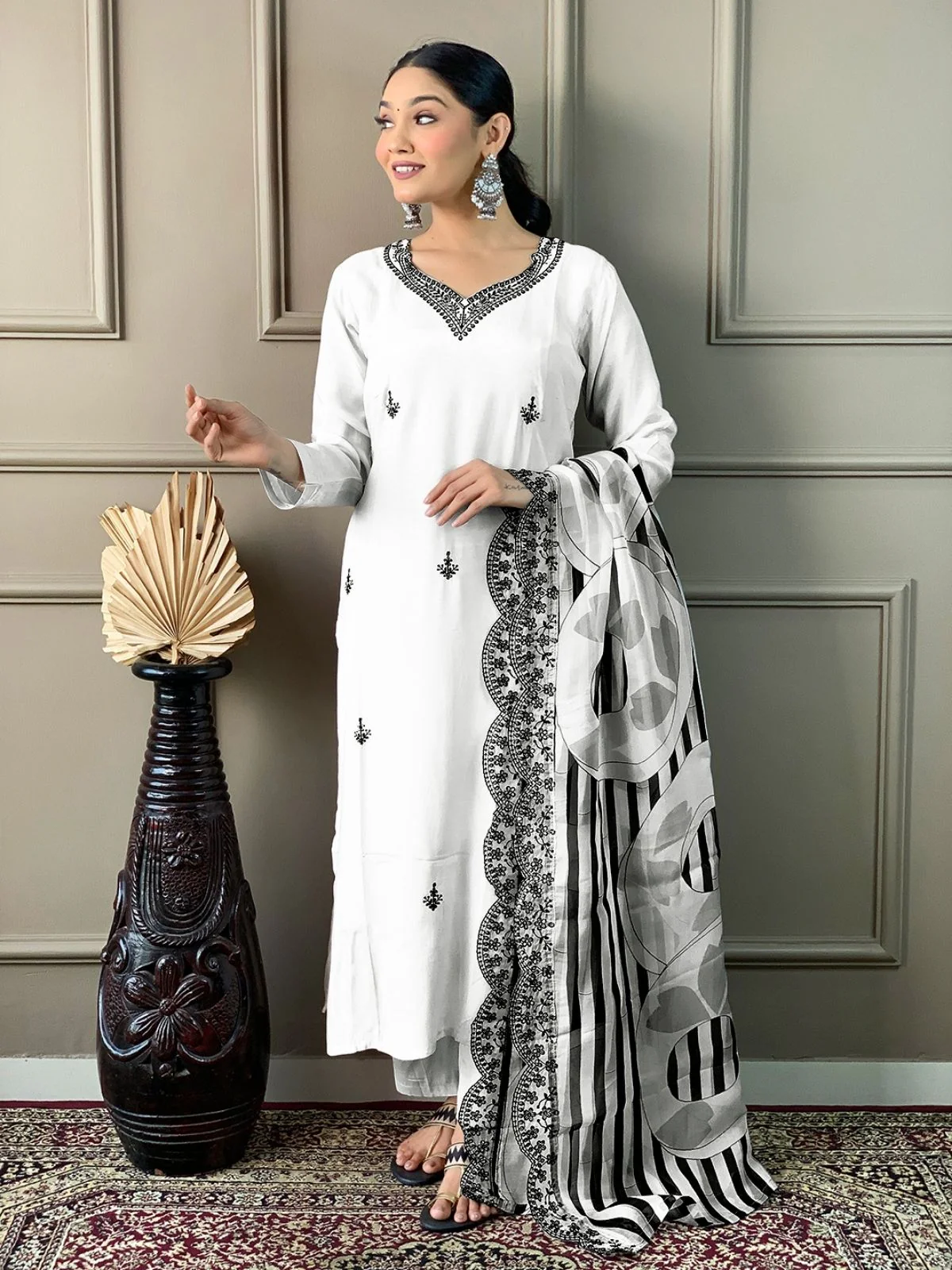 Odette White Viscose chanderi Embroidered Stitched Kurta Set For Women - Image 2