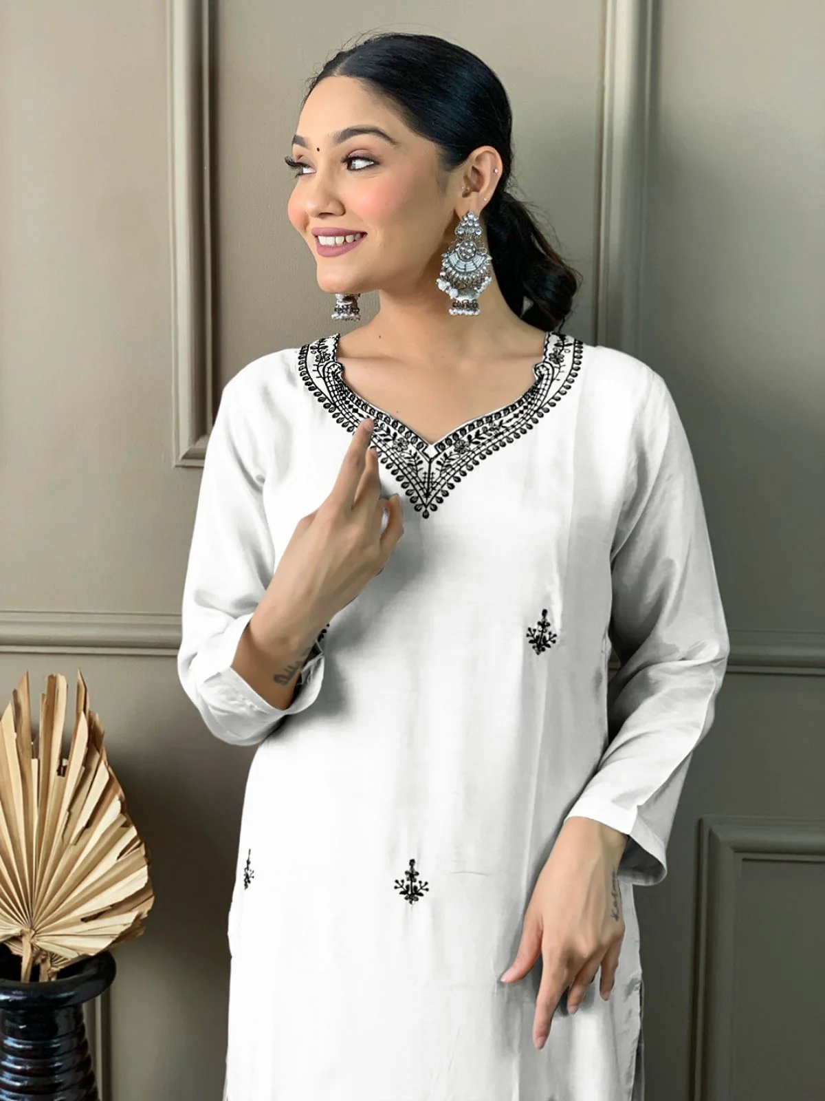 Odette White Viscose chanderi Embroidered Stitched Kurta Set For Women - Image 5