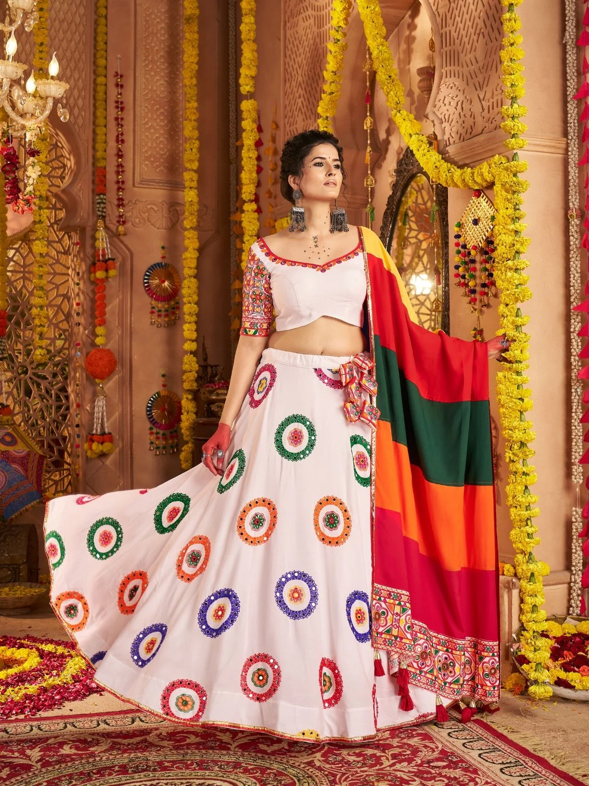 Odette White Viscose Cotton Embroidered Semi-Stitched lehenga With Stunning Tassels For Women