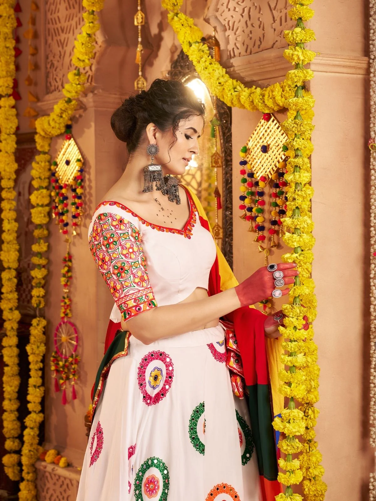 Odette White Viscose Cotton Embroidered Semi-Stitched lehenga With Stunning Tassels For Women - Image 4