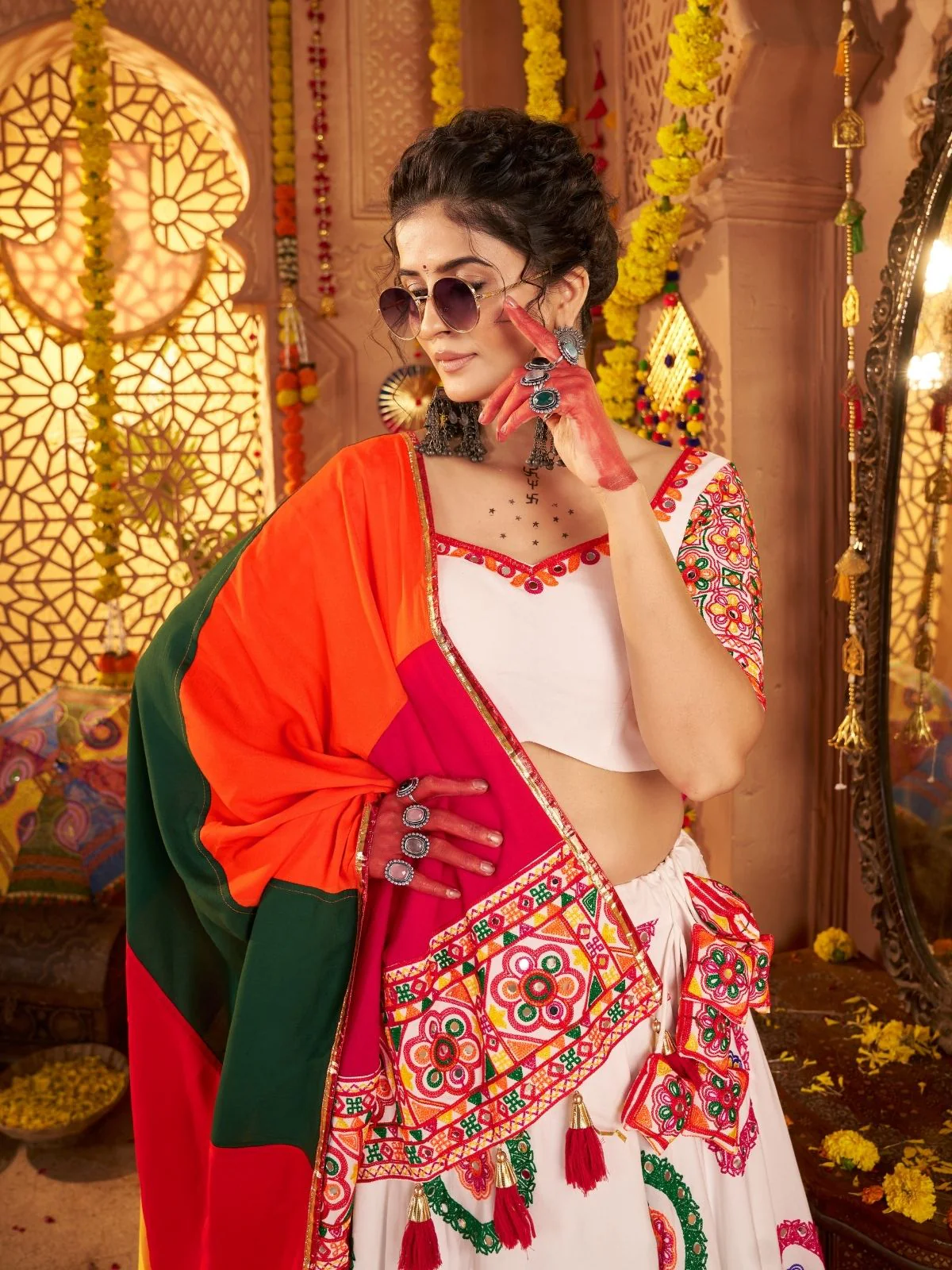 Odette White Viscose Cotton Embroidered Semi-Stitched lehenga With Stunning Tassels For Women - Image 5