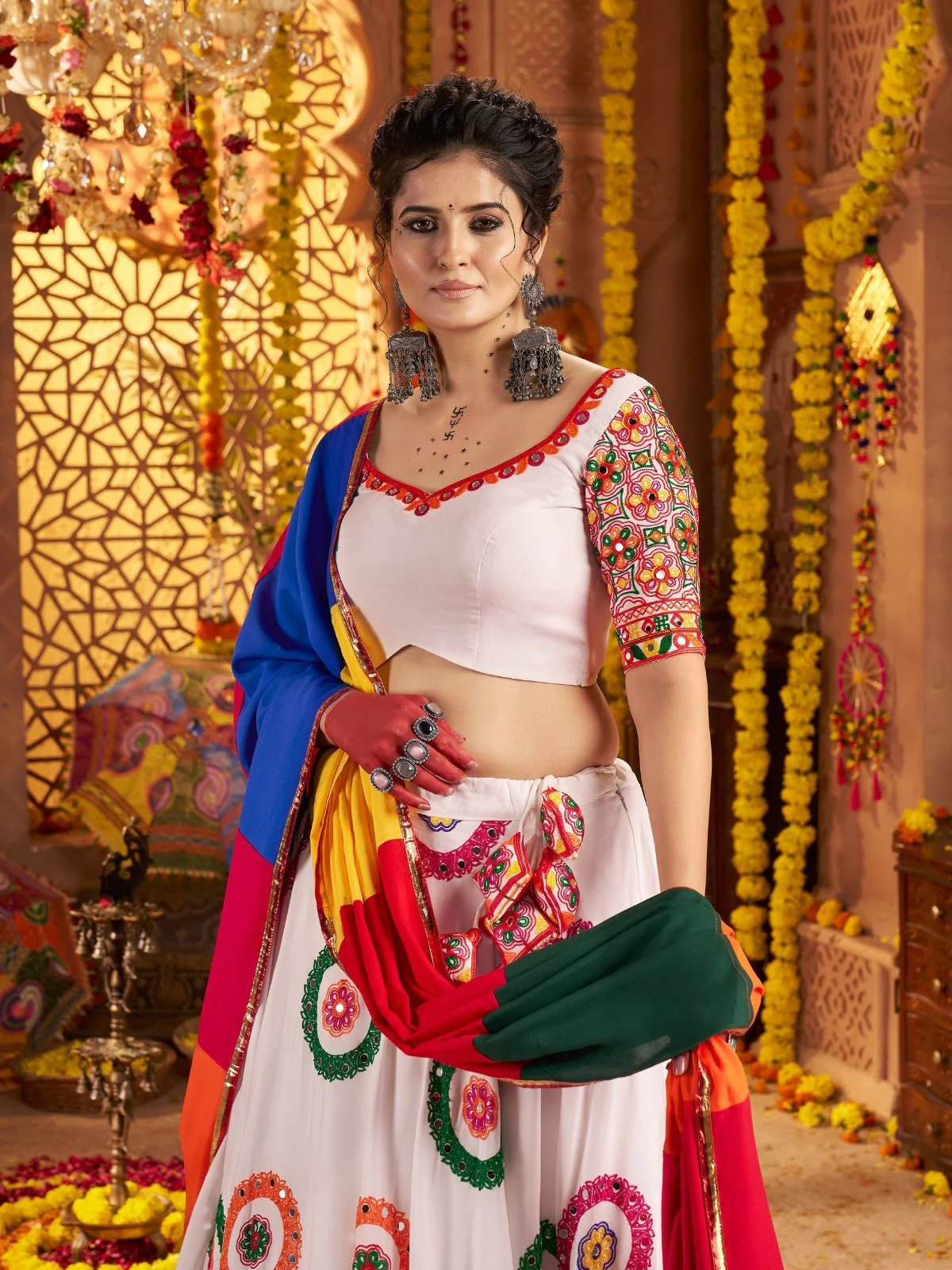 Odette White Viscose Cotton Embroidered Semi-Stitched lehenga With Stunning Tassels For Women - Image 6