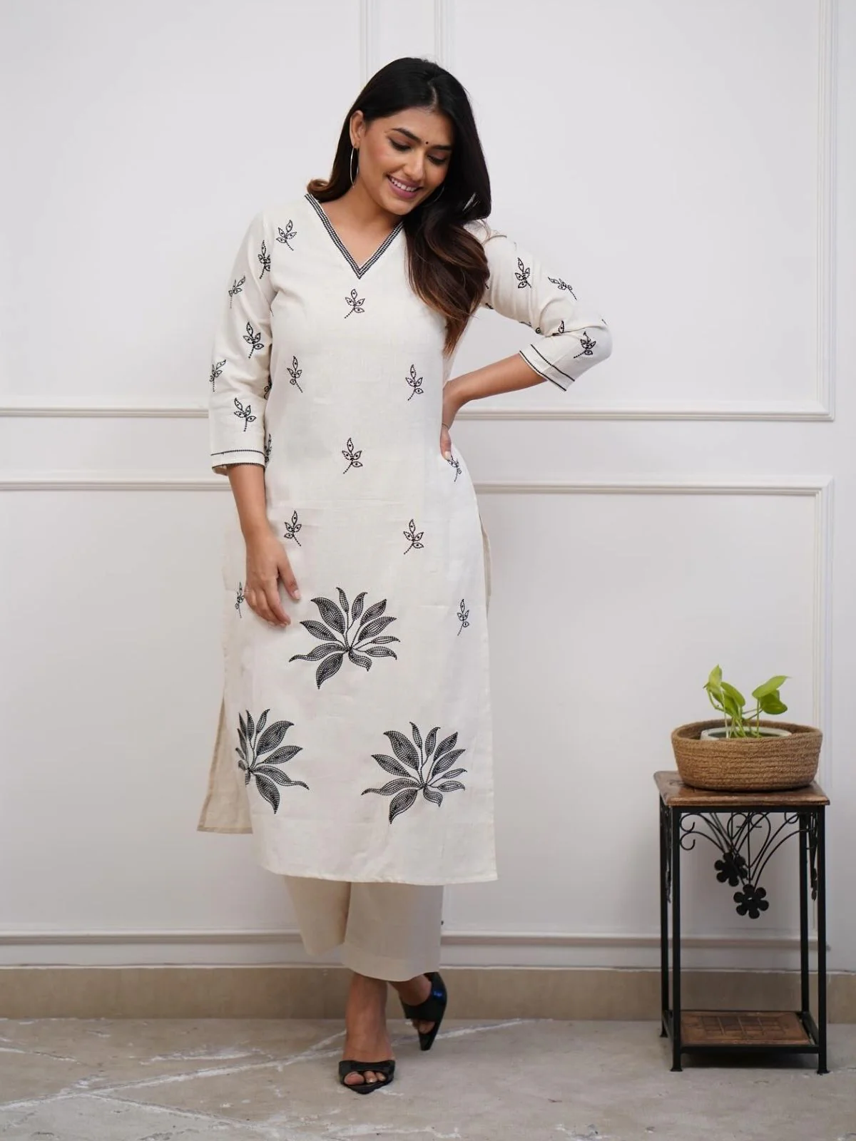 Odette White Viscose Embroidered Stiched Kurta Set For Women - Image 2