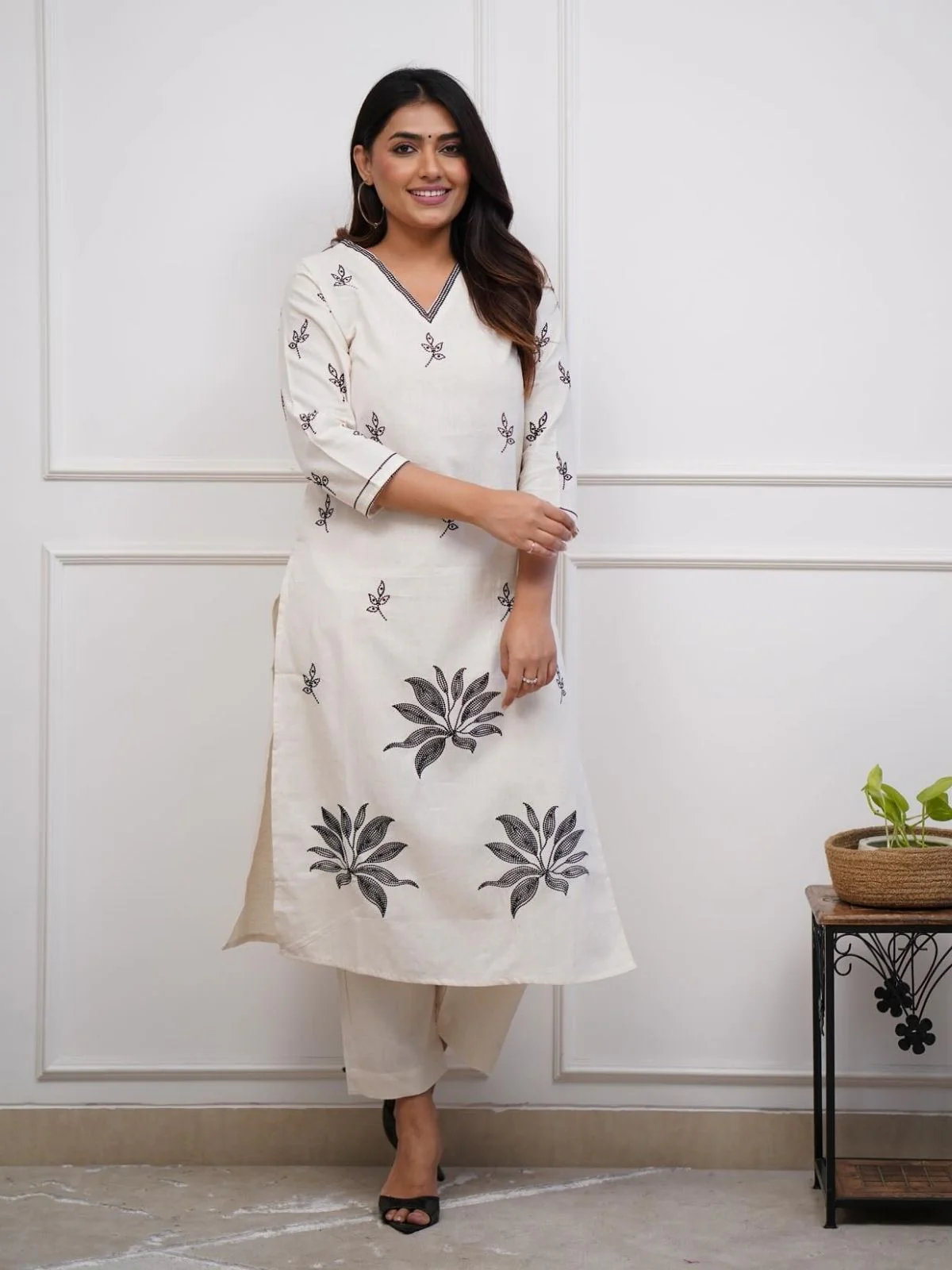 Odette White Viscose Embroidered Stiched Kurta Set For Women - Image 3