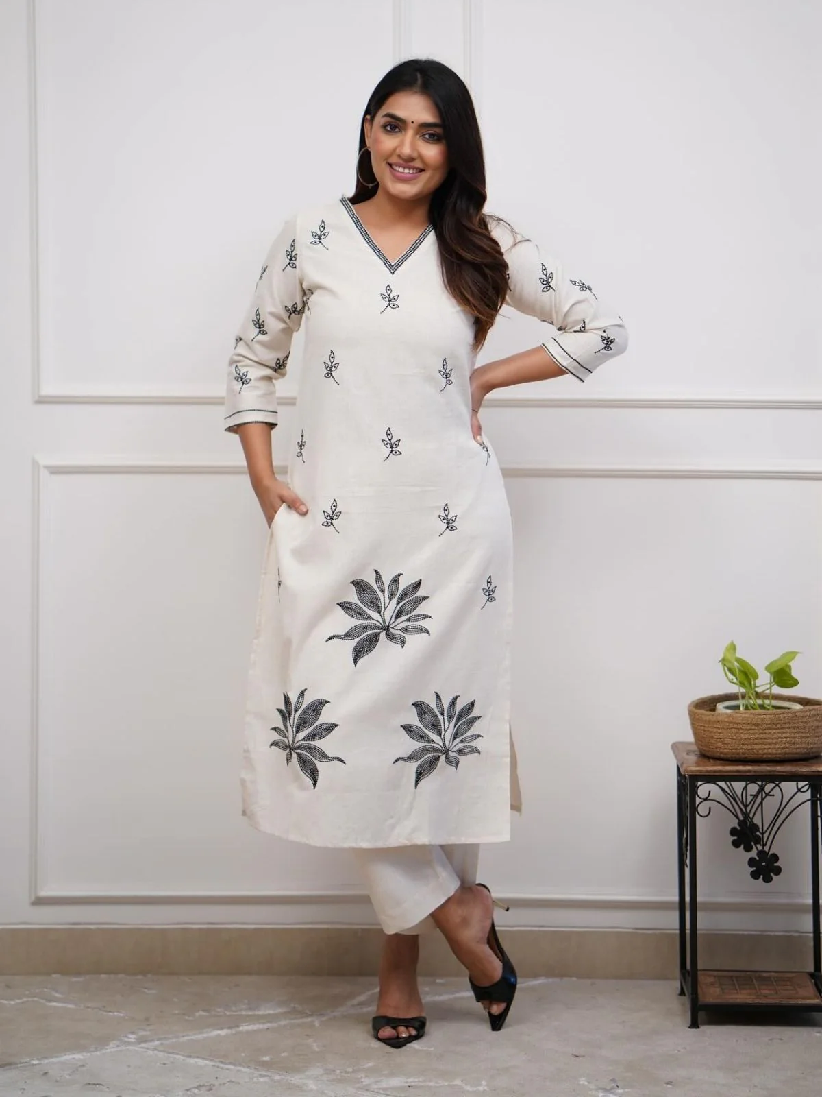Odette White Viscose Embroidered Stiched Kurta Set For Women - Image 4