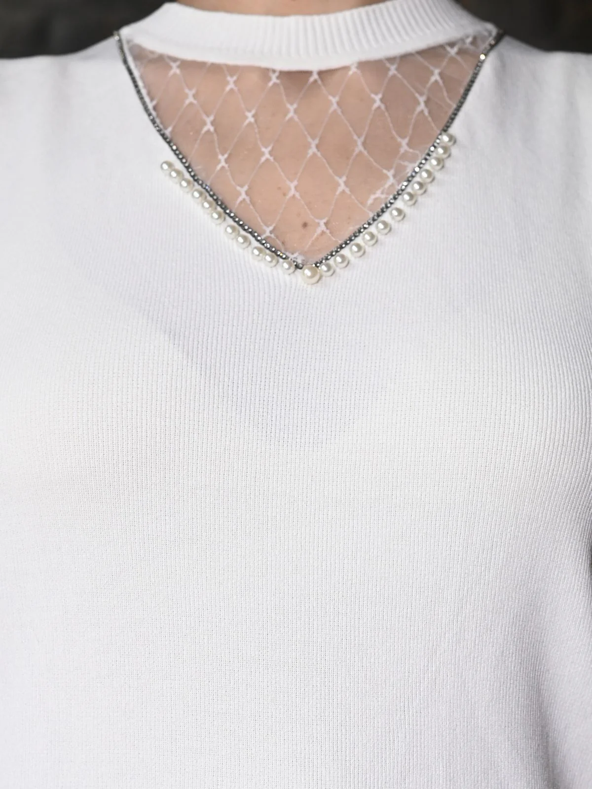 Odette White Viscose Lycra Rib Embellished Top For Women - Image 4