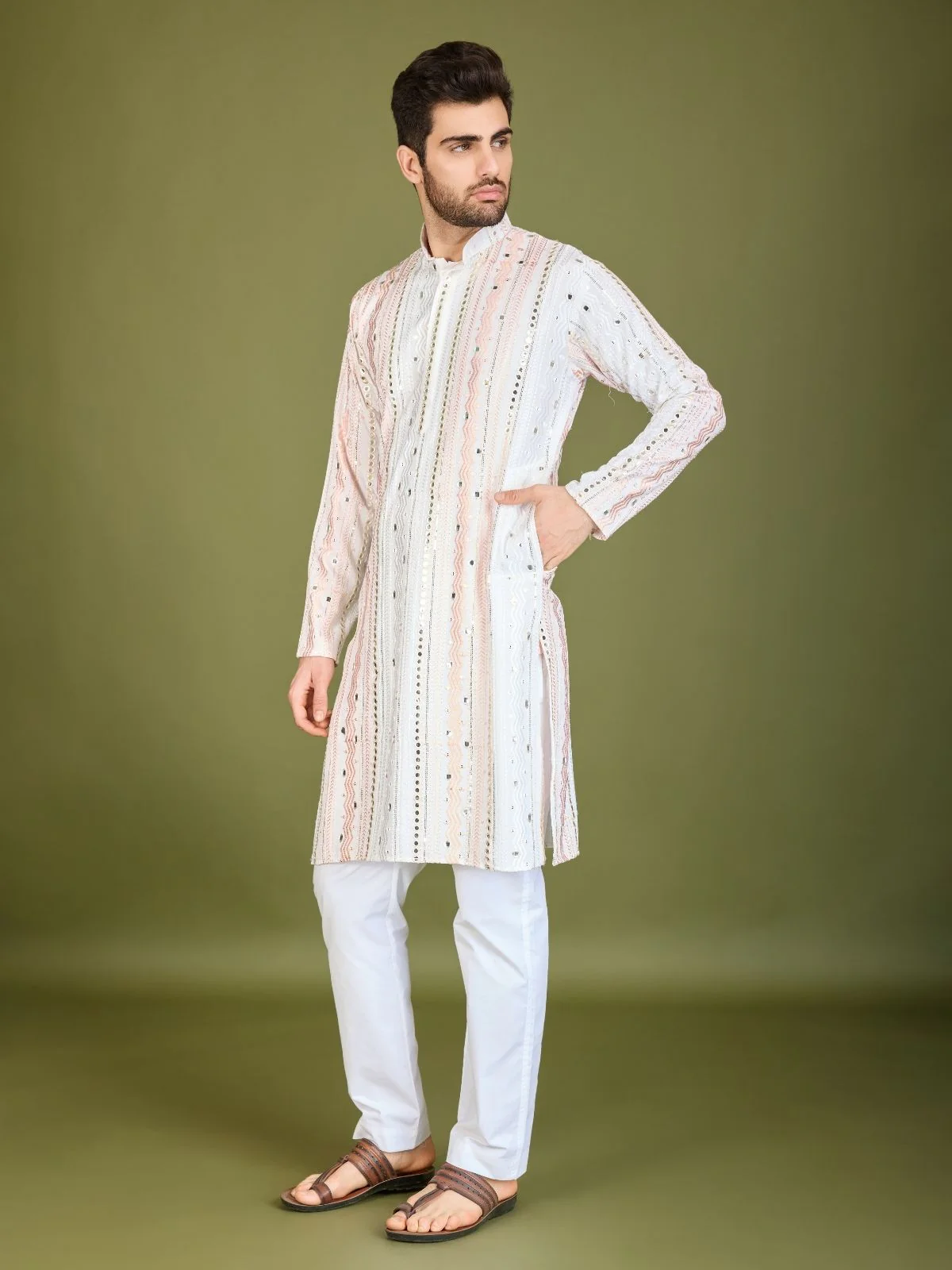 Odette White Viscose Rayon Embroidered Stitched Kurta For Men - Image 3