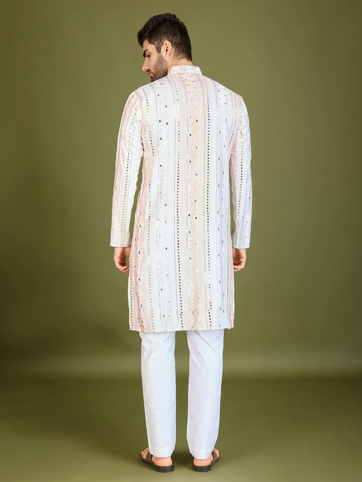 Odette White Viscose Rayon Embroidered Stitched Kurta For Men - Image 4