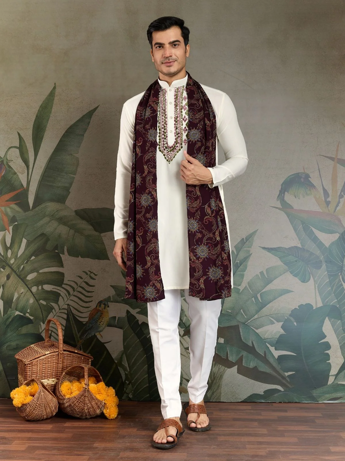 Odette White Viscose Rayon Embroidered Stitched Kurta For Men