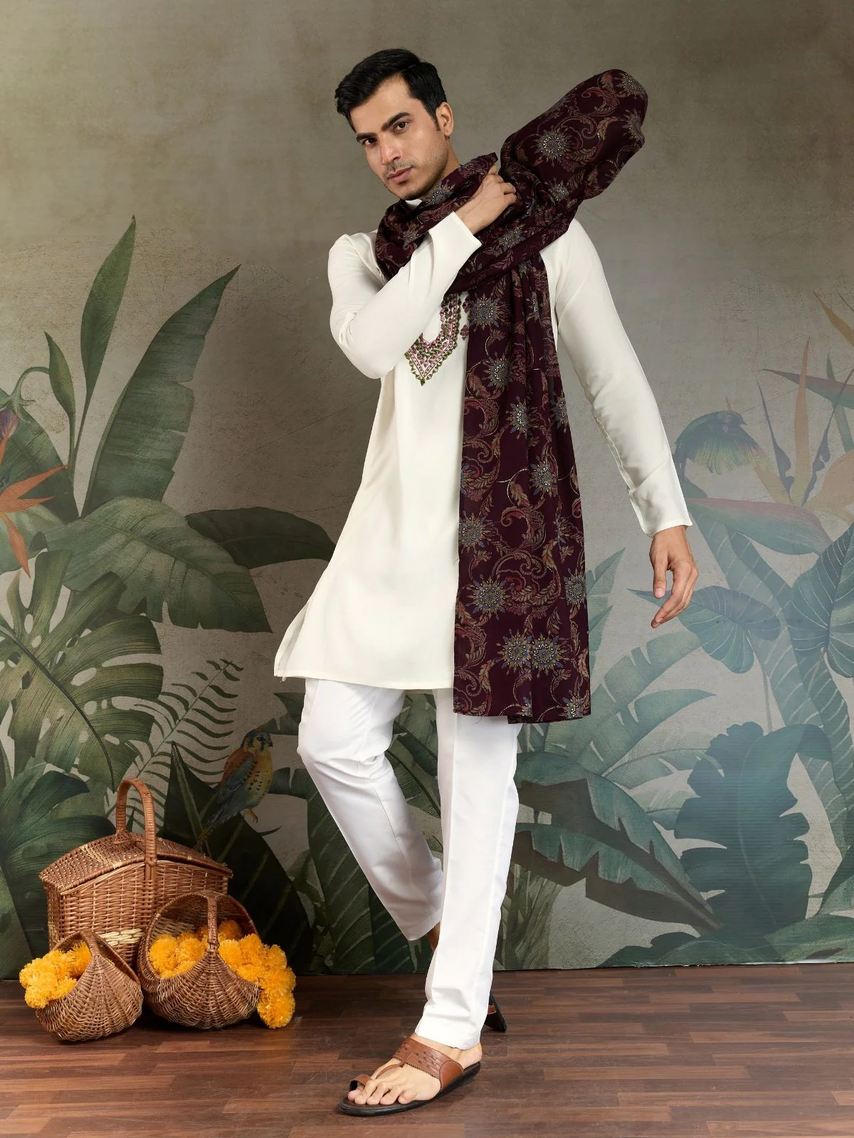 Odette White Viscose Rayon Embroidered Stitched Kurta For Men - Image 3