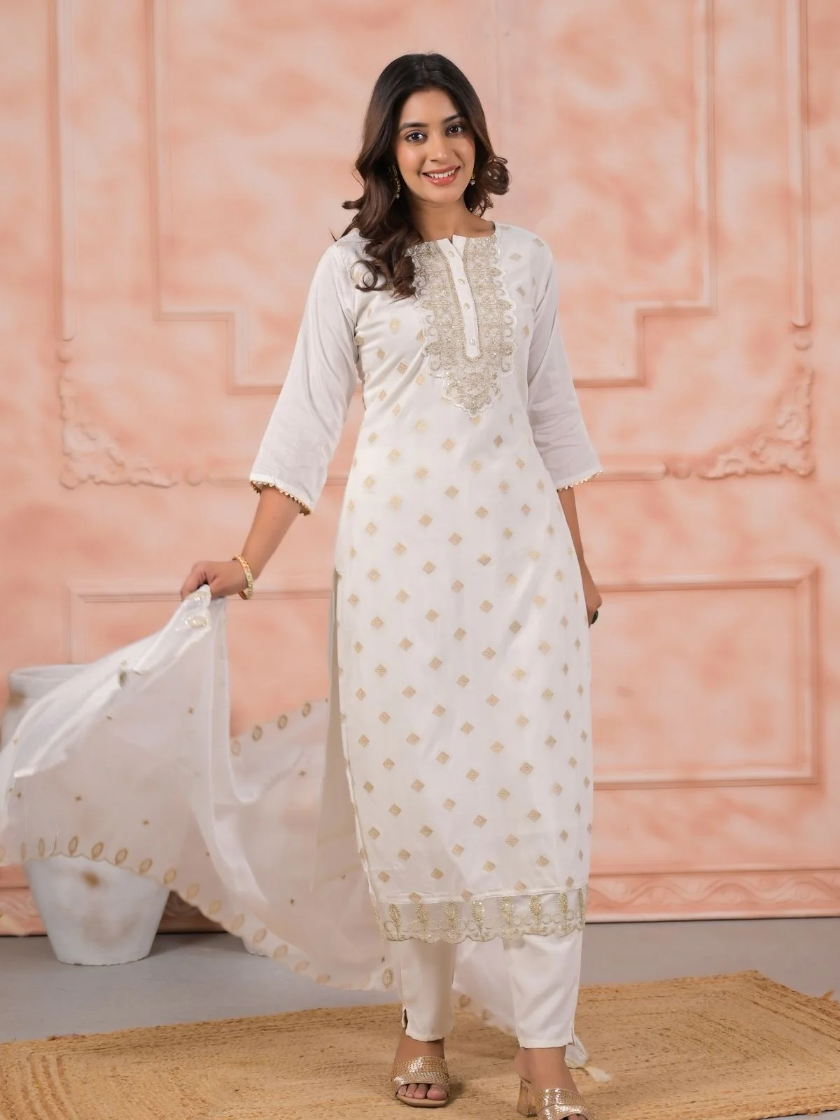 Odette White Viscose Rayon Embroidered Stitched Kurta Set For Women - Image 4