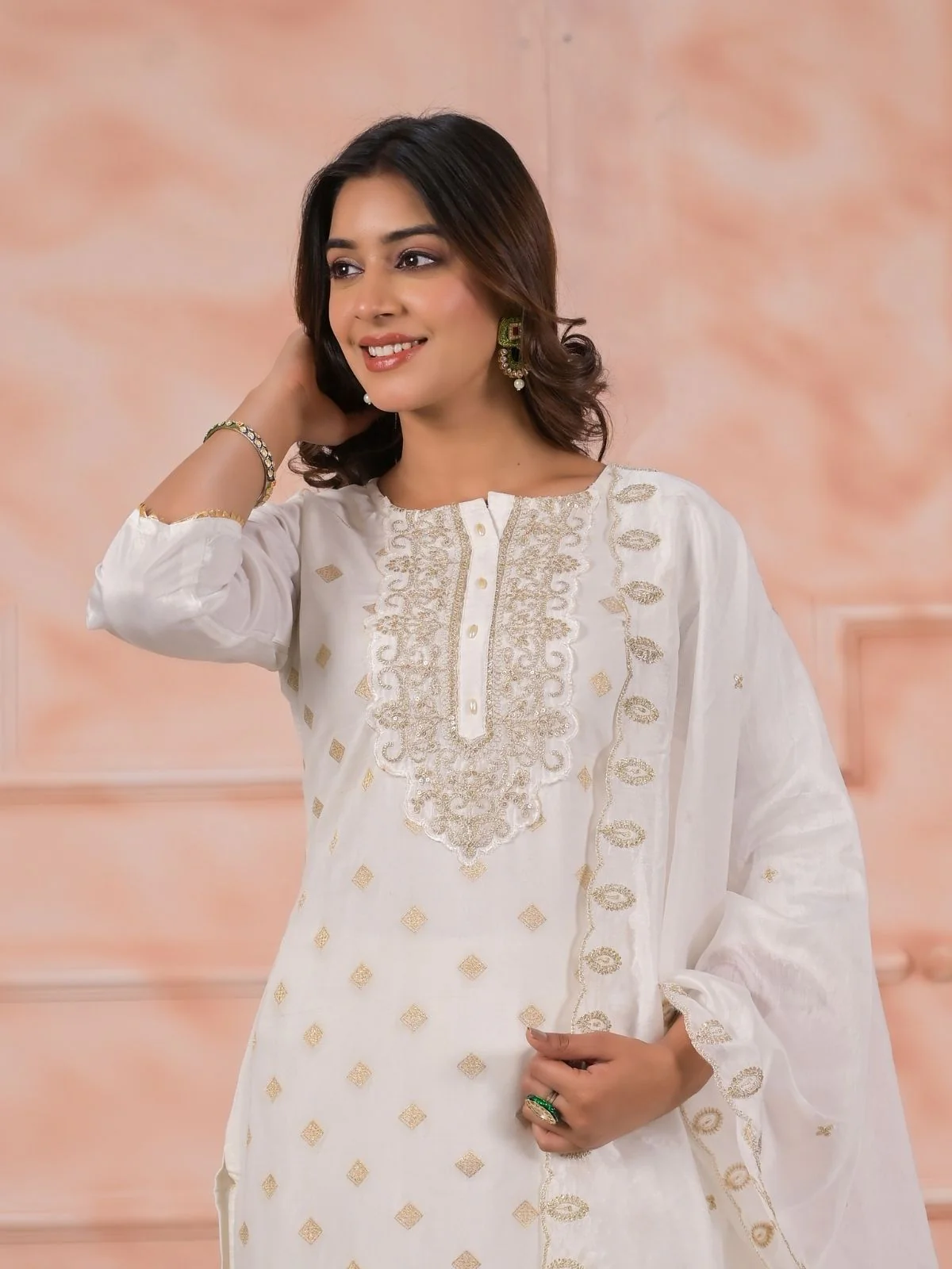 Odette White Viscose Rayon Embroidered Stitched Kurta Set For Women - Image 5
