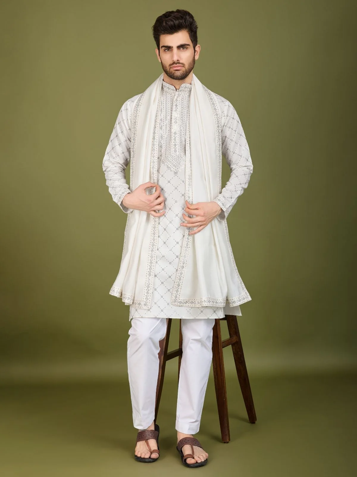 Odette White Viscose Silk Embellished Stitched Kurta For Men - Image 2