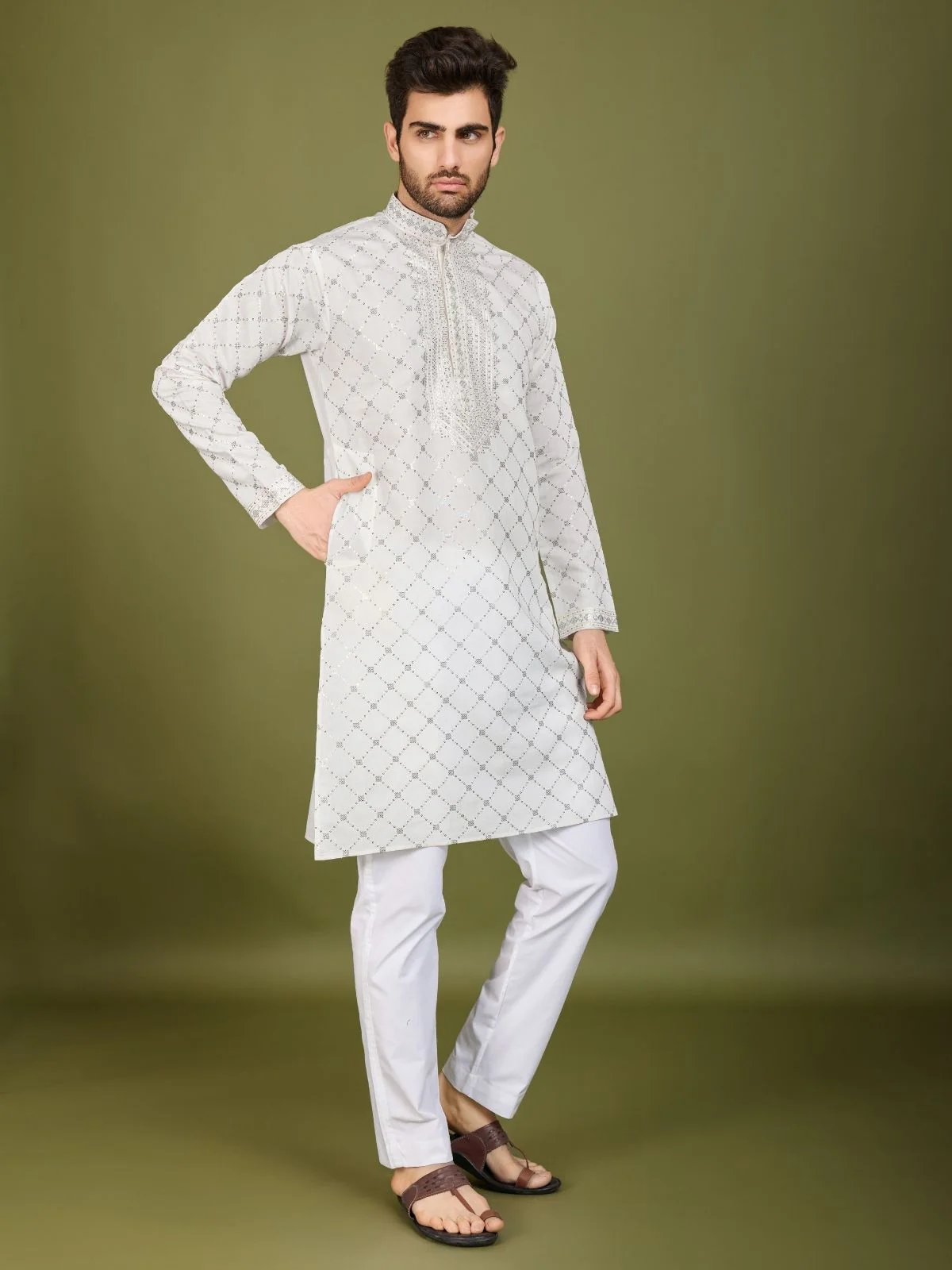Odette White Viscose Silk Embellished Stitched Kurta For Men - Image 3
