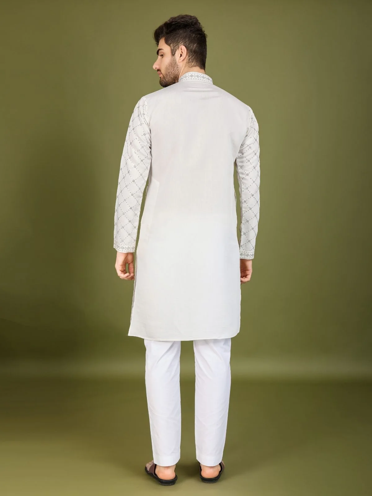 Odette White Viscose Silk Embellished Stitched Kurta For Men - Image 4