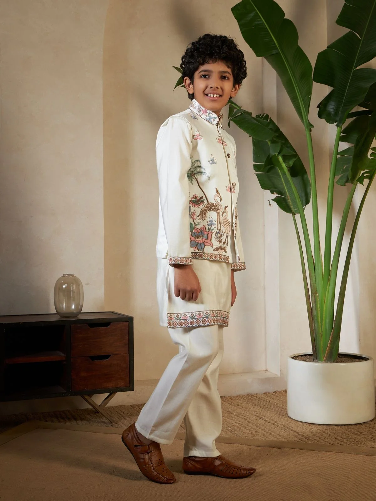 Odette White Viscose Silk Embellished Stitched Kurta Set For Kids - Image 2