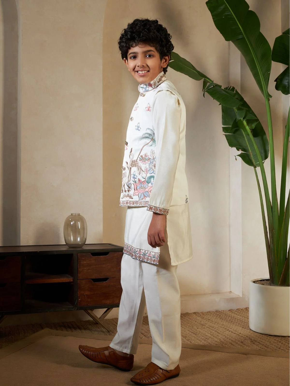 Odette White Viscose Silk Embellished Stitched Kurta Set For Kids - Image 3