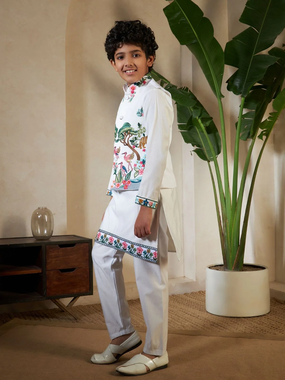 Odette White Viscose Silk Embellished Stitched Kurta Set For Kids - Image 3