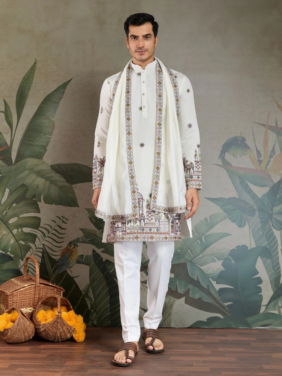 Odette White Viscose Silk Embroidered Stitched Kurta For Men